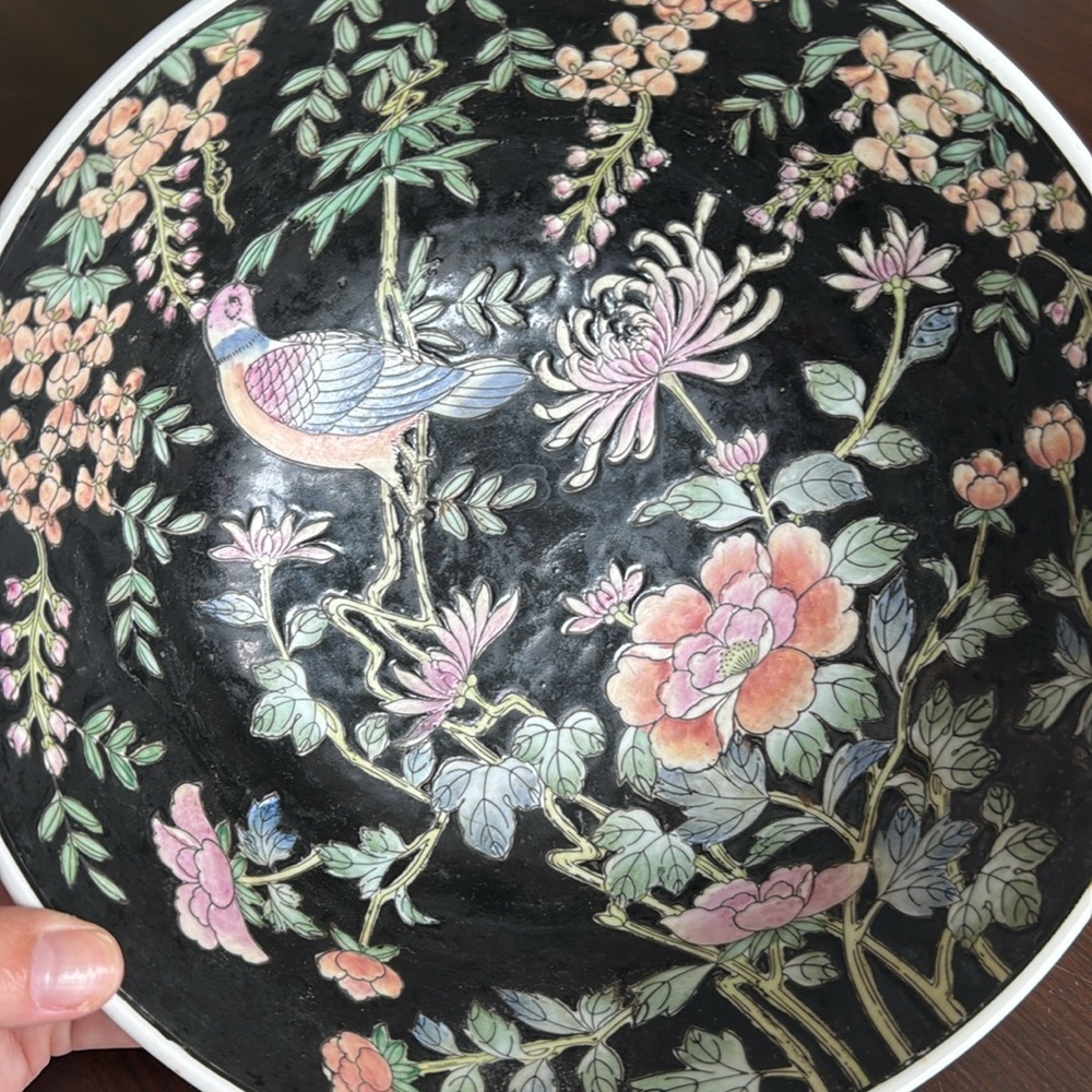 Vintage Chinese Decorative Famille Noire 10” Bowl - Picture 2 of 4